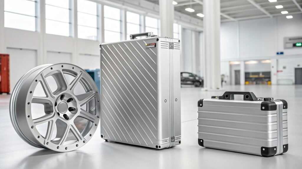 A visual split screen: on one side, a block labeled "Pure Aluminum" with a simple atomic structure; on the other, a block labeled "7075 Aluminum Alloy" showing a more complex structure with icons representing Zinc, Magnesium, and Copper atoms mixed in.